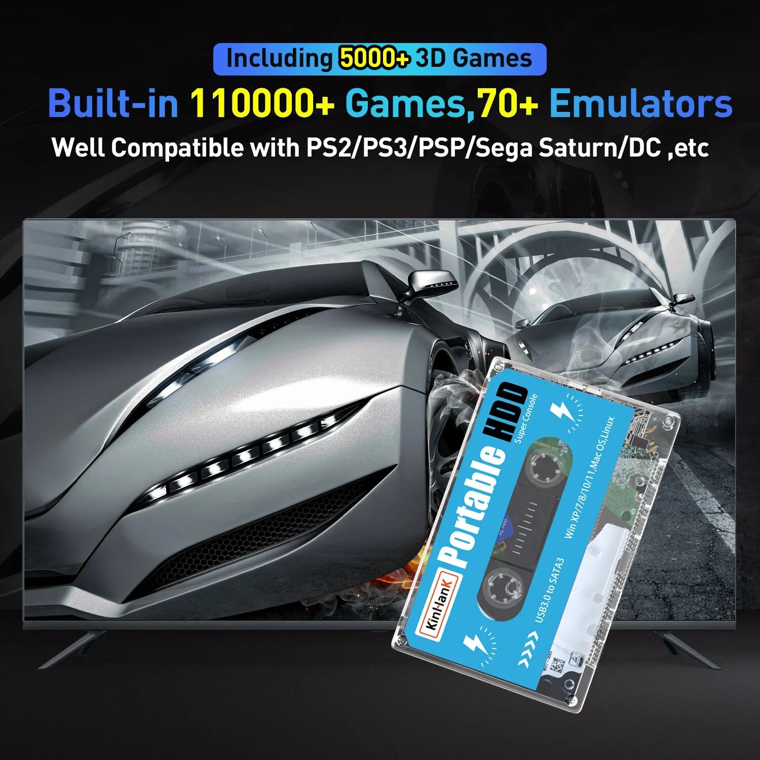 KINHANK Super Console 500G Gaming HDD 100000 Video Games 70 Emulators for DC/MAME/SS/NAOMI/PS2/PS1 Plug and Play Batocera OS