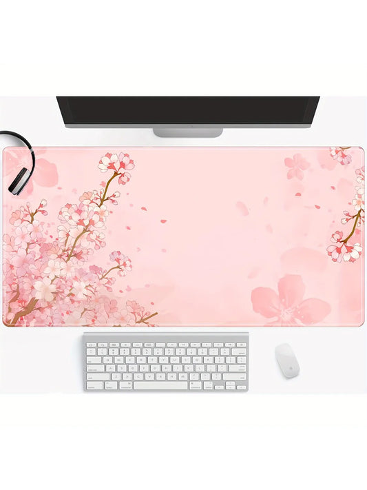 🌸🖱️Pink Cherry Blossom Extended Mouse Pad – Large Desk Mat with Non-Slip Rubber Base | Seam-Edge Gaming & Office Mat | Breathable Lycra Surface | Geek Findings Cherry Blossom Collection