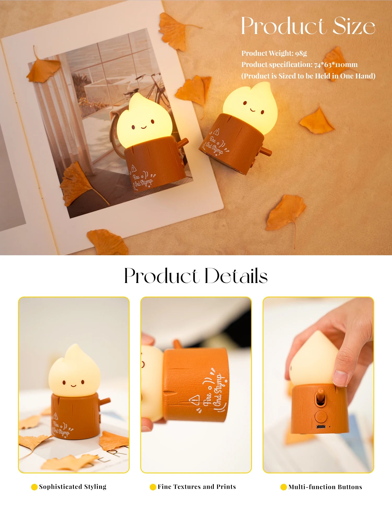 GlowStump™ Cute Flameless Night Light – Dimmable Tree Stump Lamp with Touch Control & 120-Hour Battery for Cozy Desks & Bedrooms