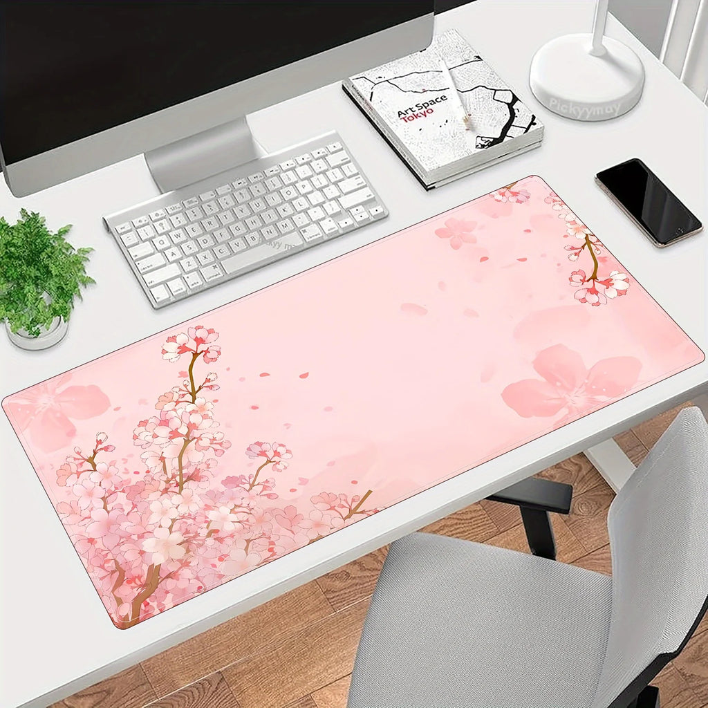 🌸🖱️Pink Cherry Blossom Extended Mouse Pad – Large Desk Mat with Non-Slip Rubber Base | Seam-Edge Gaming & Office Mat | Breathable Lycra Surface | Geek Findings Cherry Blossom Collection