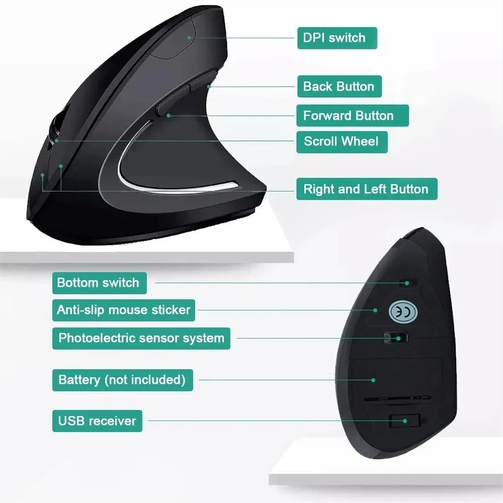 ErgoLift Vertical Wireless Mouse – Ergonomic 2.4GHz Mouse with 3 DPI Levels & 6 Buttons for Gaming, Office & Creative Work