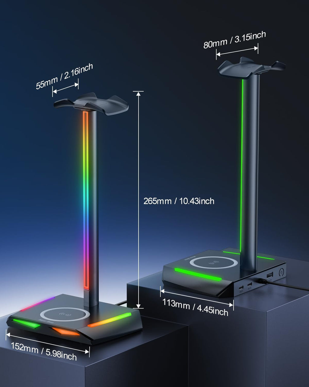 🎧RGB Gaming Headphone Stand with Wireless Charging – 2 USB-C + 1 USB Port | 7 Color Modes, Non-Slip Base, Universal Headset Holder for Desk & Battlestations