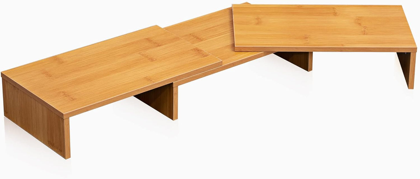 Dual Monitor Stand – Adjustable Bamboo Desk Riser with 3 Rotating Shelves | Ergonomic Wooden Monitor Shelf for Home Office or Gaming Setup