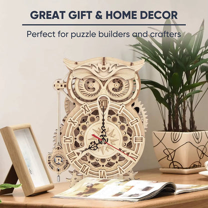 ROKR Owl Clock 3D Wooden Puzzle Kit – Functional DIY Clock with Bell Timer | 161-Piece Model for Adults & Teens | Geek Findings 