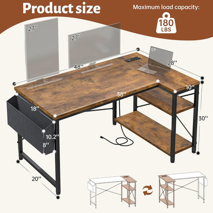 🖥️ PowerCore 48" L-Shaped Gaming Desk – Reversible Rustic Computer Desk with USB & AC Outlets, Storage Shelves & Side Bag | Home Office Setup for Gamers & Creators