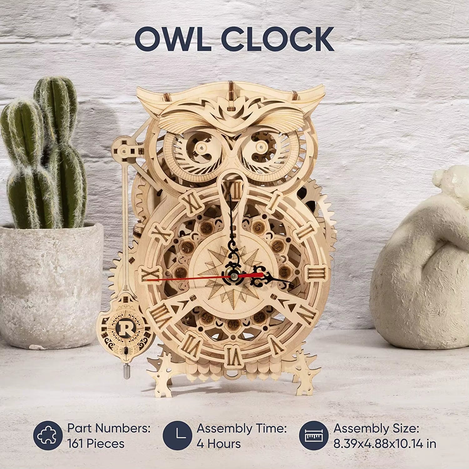 ROKR Owl Clock 3D Wooden Puzzle Kit – Functional DIY Clock with Bell Timer | 161-Piece Model for Adults & Teens | Geek Findings 