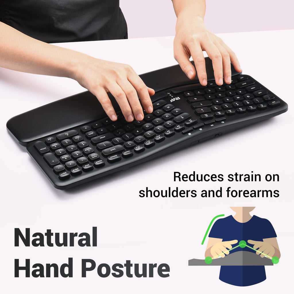 Wireless Ergonomic Keyboard with Magnetic Wrist Rest, Black