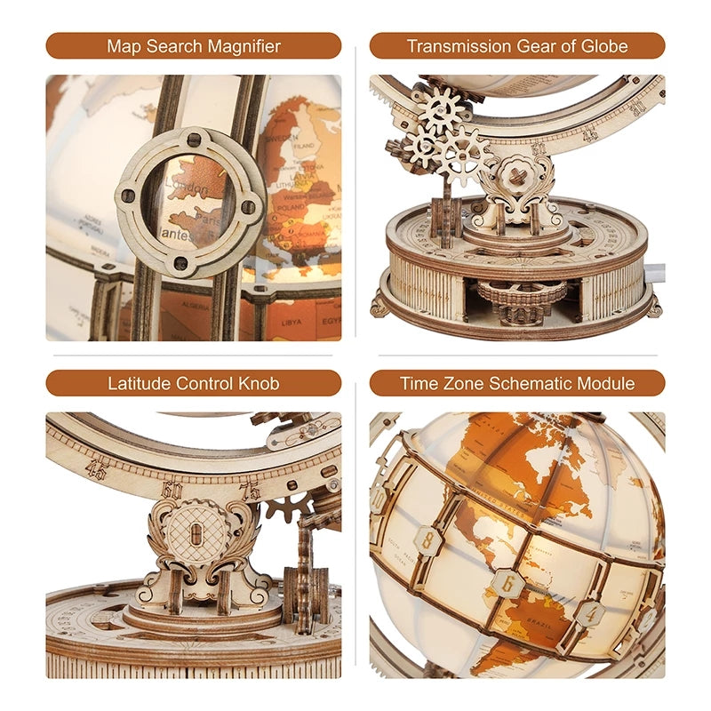 Robotime ROKR Luminous Globe 3D Wooden Puzzle - Rotatable Globe with Light | Perfect Desk Decor & Gift for Adults and Teens | Geek Findings