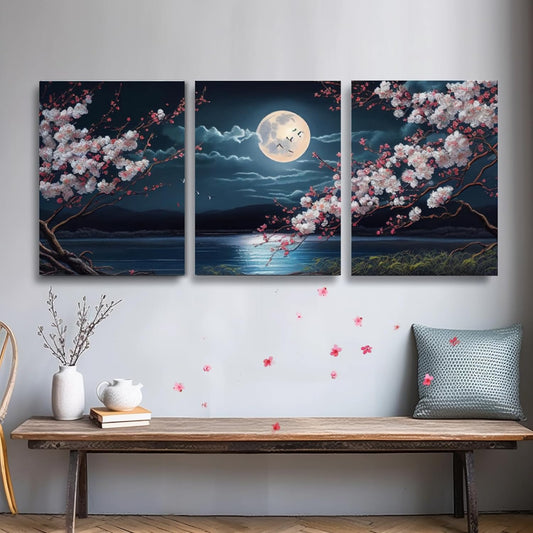 🌸🎑Cherry Blossom Moon Lake Framed Canvas Wall Art – Set of 3 | Japanese-Inspired Floral Landscape Prints for Game Stations, Offices & Home Decor | 16"x12" Each | Geek Findings Cherry Blossom Collection