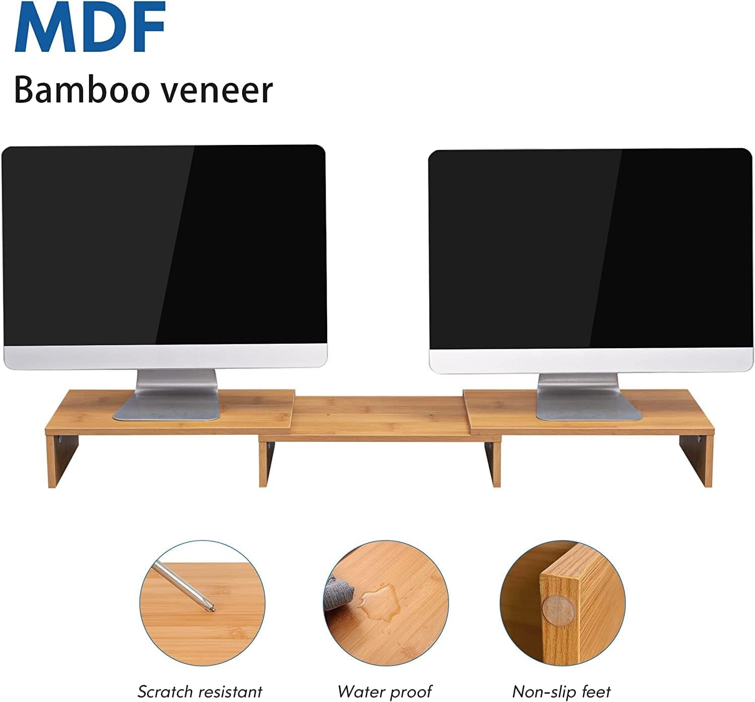 Dual Monitor Stand – Adjustable Bamboo Desk Riser with 3 Rotating Shelves | Ergonomic Wooden Monitor Shelf for Home Office or Gaming Setup