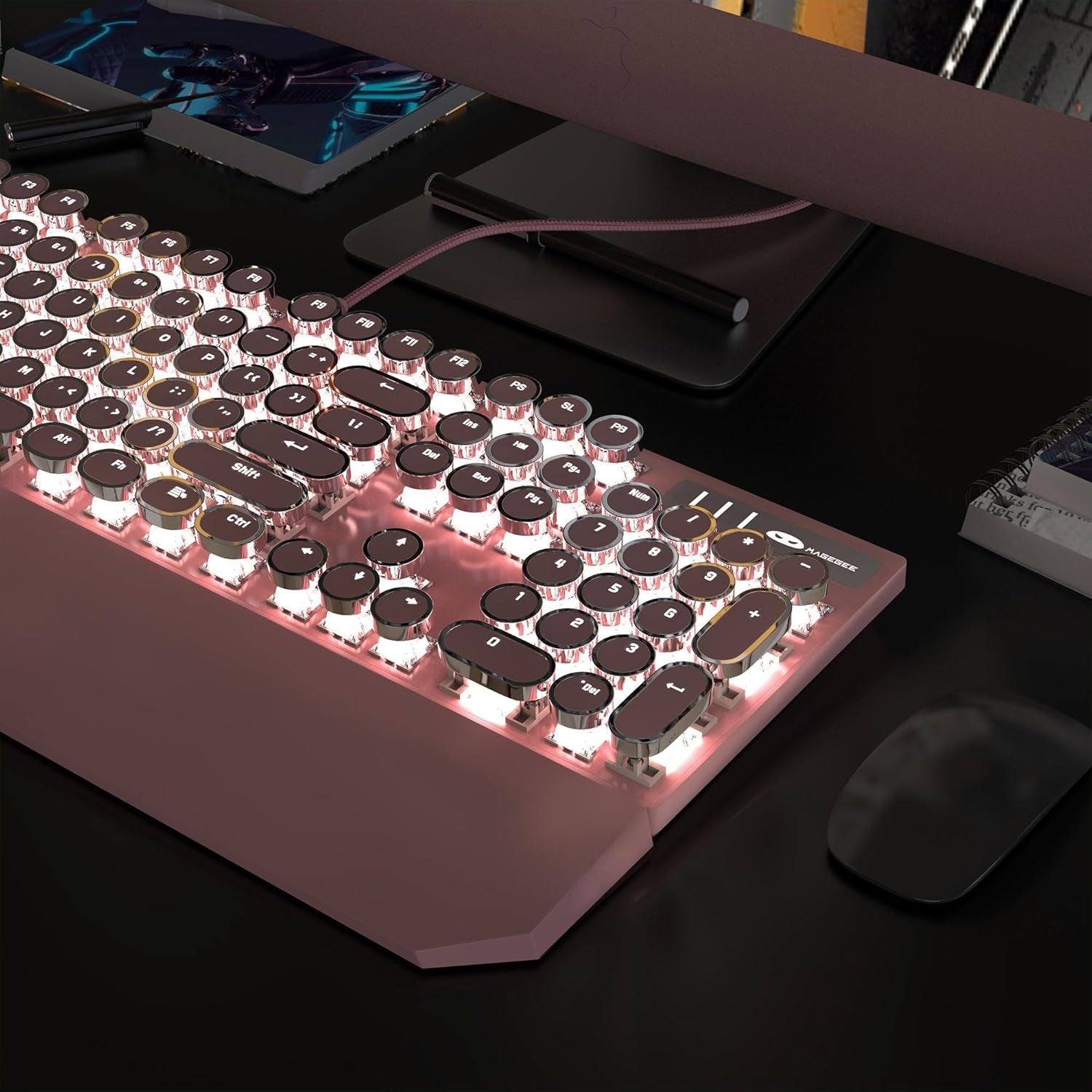🌸⌨️ Retro Pink Typewriter Mechanical Gaming Keyboard – 104-Key Blue Switch Wired Keyboard with LED White Backlight & Wrist Rest | Perfect for Office & Game Stations | Geek Findings Cherry Blossom Collection