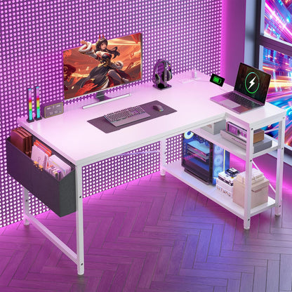 🖥️ PowerCore 48" L-Shaped Gaming Desk – Reversible Rustic Computer Desk with USB & AC Outlets, Storage Shelves & Side Bag | Home Office Setup for Gamers & Creators