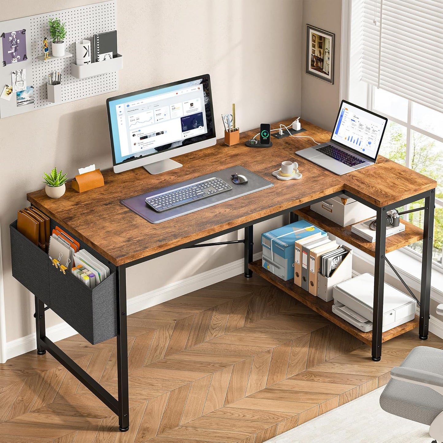 🖥️ PowerCore 48" L-Shaped Gaming Desk – Reversible Rustic Computer Desk with USB & AC Outlets, Storage Shelves & Side Bag | Home Office Setup for Gamers & Creators