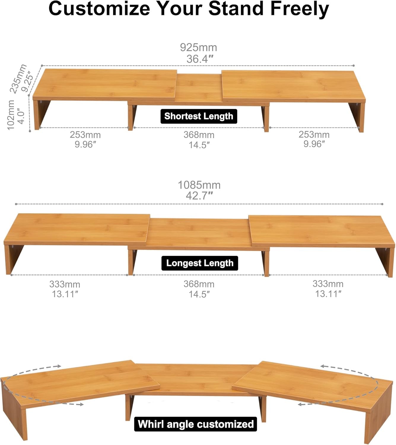 Dual Monitor Stand – Adjustable Bamboo Desk Riser with 3 Rotating Shelves | Ergonomic Wooden Monitor Shelf for Home Office or Gaming Setup