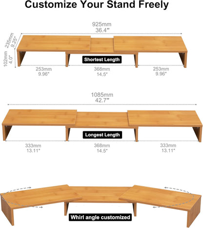 Dual Monitor Stand – Adjustable Bamboo Desk Riser with 3 Rotating Shelves | Ergonomic Wooden Monitor Shelf for Home Office or Gaming Setup