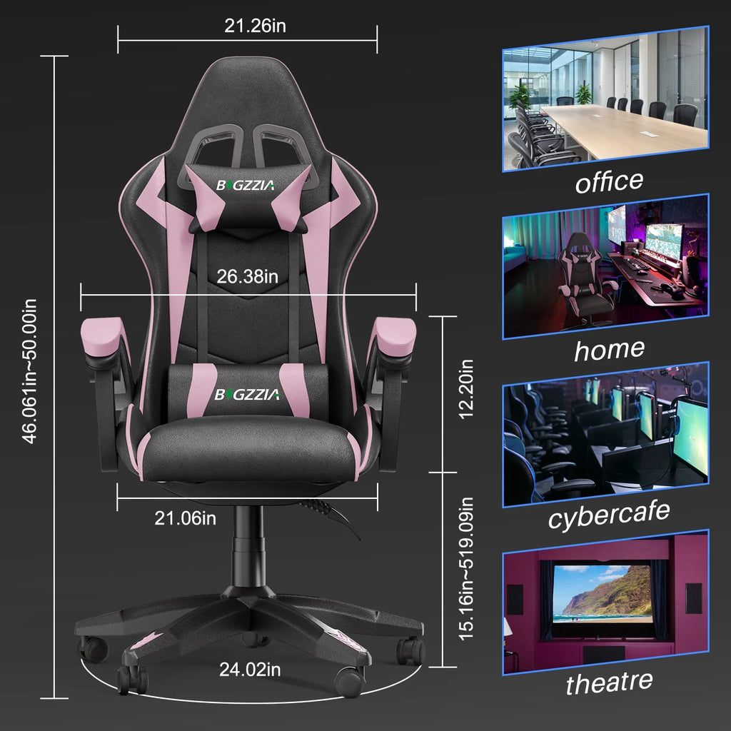 🌸🎮Bigzzia Pink & Black Racing Gaming Chair – Ergonomic Office Chair with Massage Lumbar Pillow, Adjustable Recline & Headrest | Cherry Blossom Collection | Geek Findings