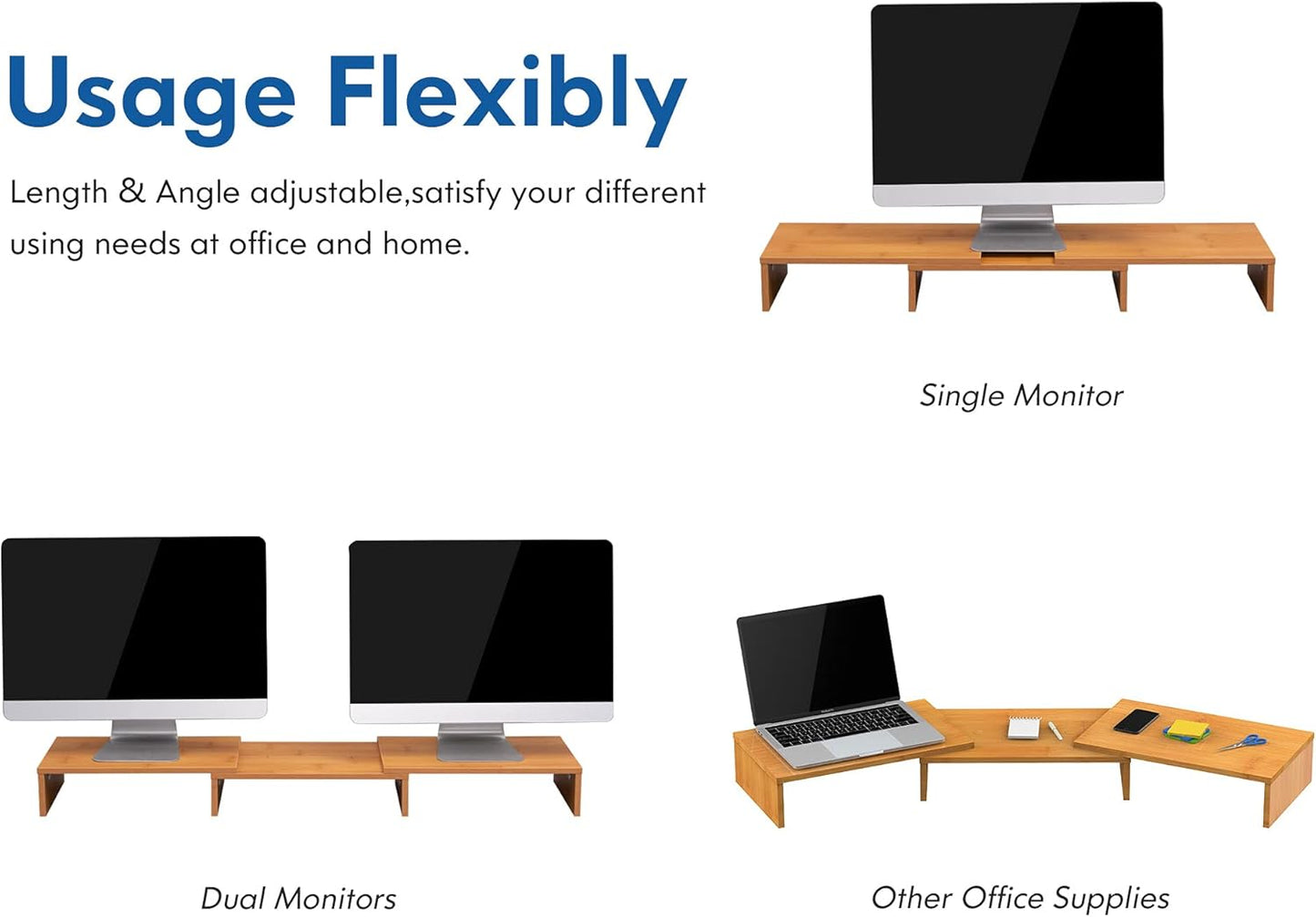 Dual Monitor Stand – Adjustable Bamboo Desk Riser with 3 Rotating Shelves | Ergonomic Wooden Monitor Shelf for Home Office or Gaming Setup