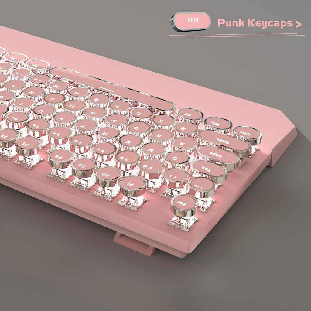 🌸⌨️ Retro Pink Typewriter Mechanical Gaming Keyboard – 104-Key Blue Switch Wired Keyboard with LED White Backlight & Wrist Rest | Perfect for Office & Game Stations | Geek Findings Cherry Blossom Collection