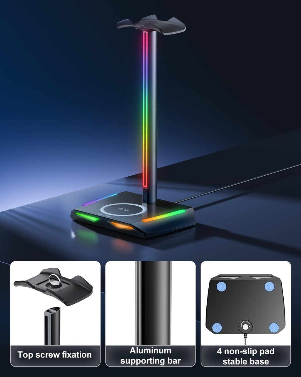 🎧RGB Gaming Headphone Stand with Wireless Charging – 2 USB-C + 1 USB Port | 7 Color Modes, Non-Slip Base, Universal Headset Holder for Desk & Battlestations