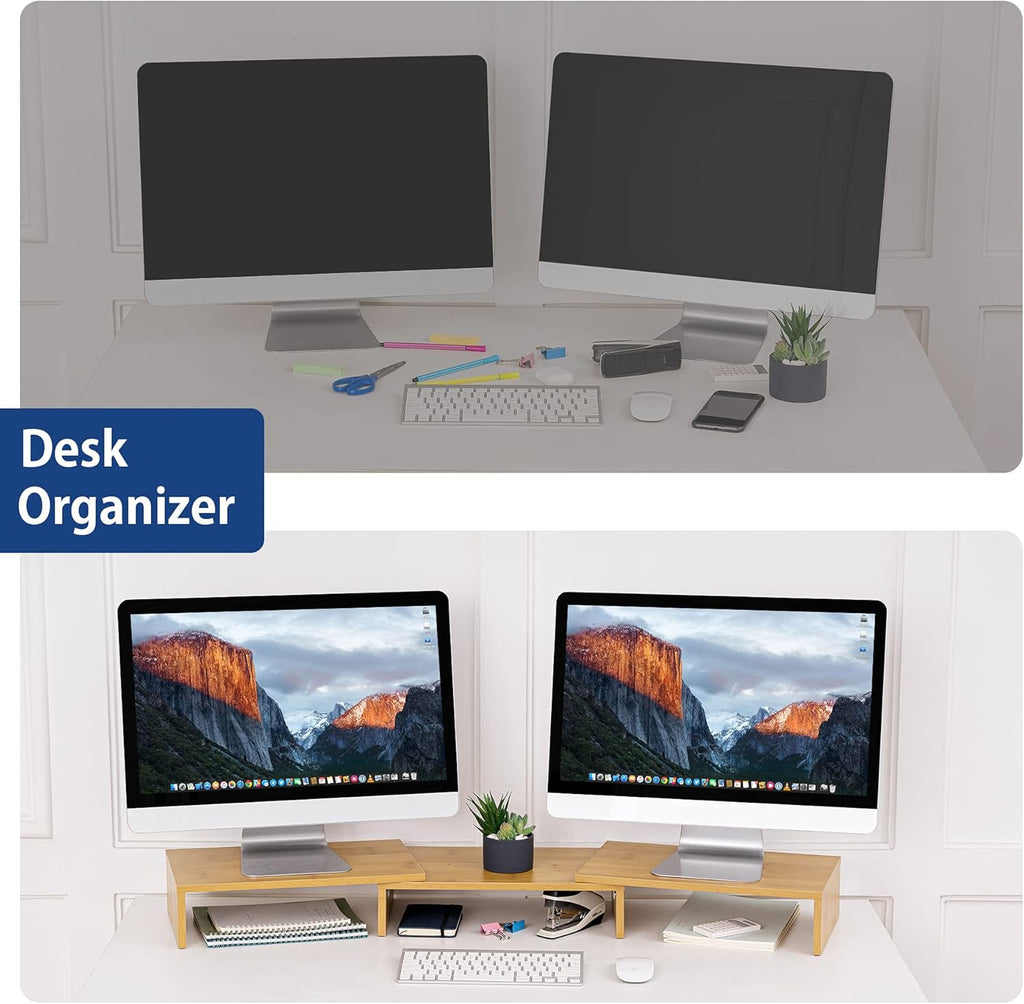 Dual Monitor Stand – Adjustable Bamboo Desk Riser with 3 Rotating Shelves | Ergonomic Wooden Monitor Shelf for Home Office or Gaming Setup