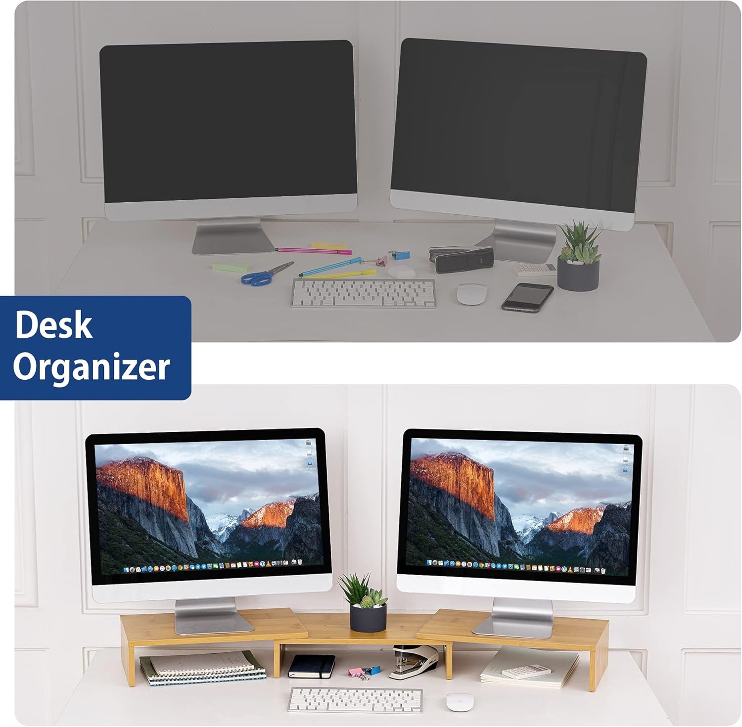 Dual Monitor Stand – Adjustable Bamboo Desk Riser with 3 Rotating Shelves | Ergonomic Wooden Monitor Shelf for Home Office or Gaming Setup